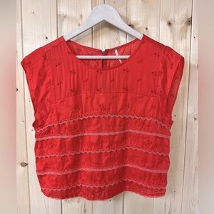 Free People Red Eyelet Lace Satin Boxy Top Size Small